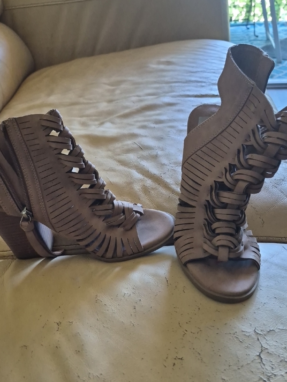 DV by Dolce Vita Taupe Braided Laser-Cut Block Heel Sandals